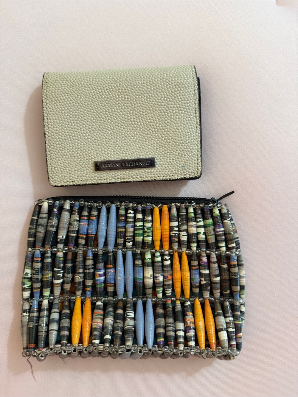 Armani Exchange Light Green Pebbled Leather Wallet with Beaded Zip Pouch
